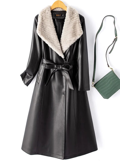 Mink Fur Collar Leather Coat