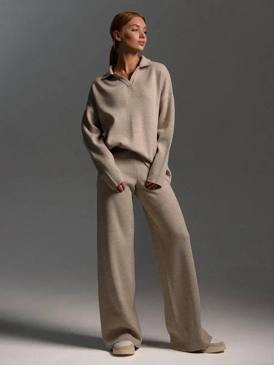 polo neck sweater and wide leg pants brown