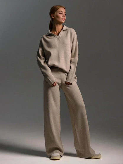 polo neck sweater and wide leg pants brown