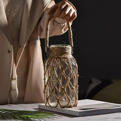 Boho Chic Hand-Woven Hemp Rope Glass Vase