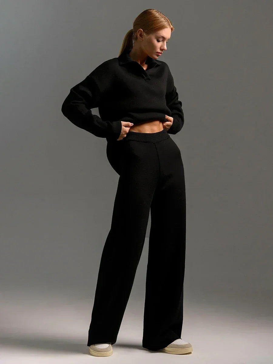 polo neck sweater and wide leg pants  black