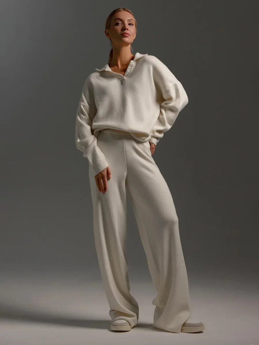 polo neck sweater and wide leg pants  white