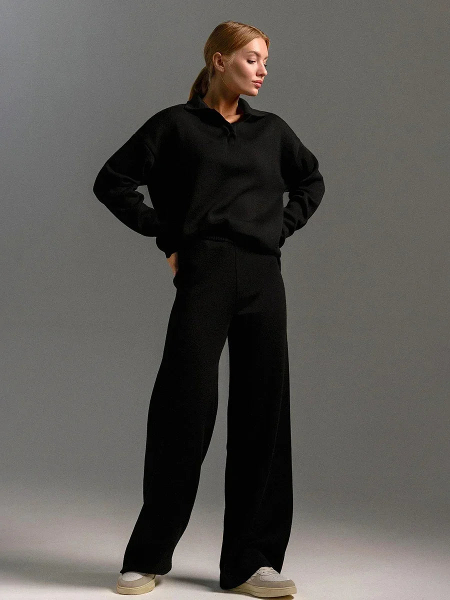 polo neck sweater and wide leg pants  black