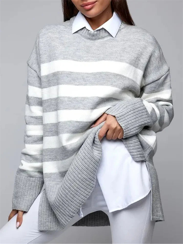 Aria Striped Knit Sweater Weiss