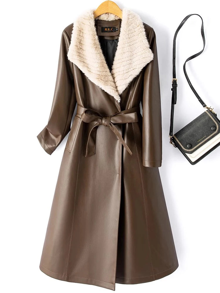 Mink Fur Collar Leather Coat