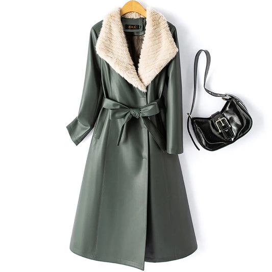 Mink Fur Collar Leather Coat