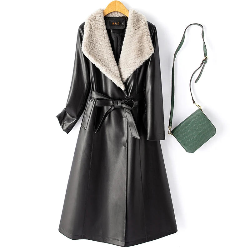 Mink Fur Collar Leather Coat